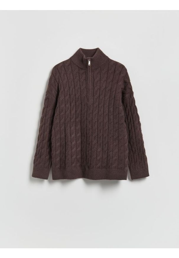 Reserved - Sweter z zapięciem na zamek - ciemnobrązowy. Kolor: brązowy. Materiał: dzianina