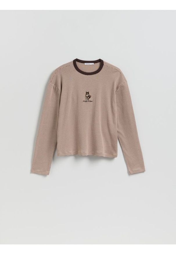 Reserved - Longsleeve w paski - brązowy. Kolor: brązowy. Materiał: dzianina, bawełna. Długość rękawa: długi rękaw. Wzór: paski