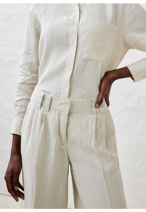 bonprix - Spodnie z zakładkami, z czystego lnu. Kolor: beżowy. Materiał: len. Sezon: lato. Styl: elegancki