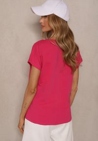 Renee - Fuksjowy T-shirt z Bawełny z Dekoltem w Serek Linithiela. Okazja: na co dzień. Typ kołnierza: dekolt w serek. Kolor: różowy. Materiał: bawełna. Styl: casual #5