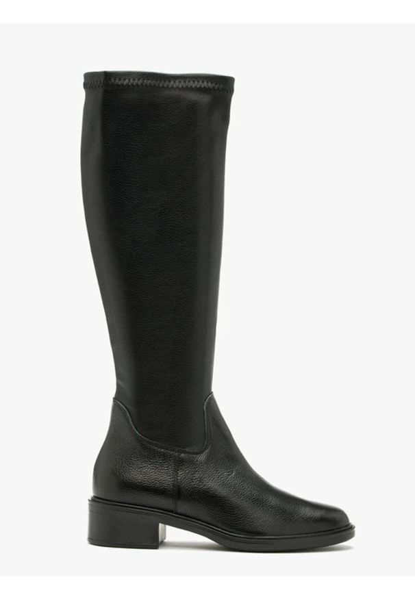 Ryłko - Czarne kozaki elastyczne z szeroką cholewką. Nosek buta: okrągły. Zapięcie: zamek. Kolor: czarny. Materiał: skóra. Szerokość cholewki: szeroka. Obcas: na obcasie. Styl: street. Wysokość obcasa: średni