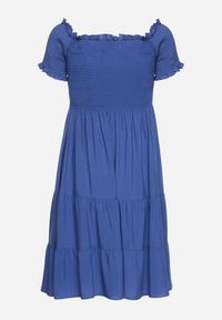 Born2be - Niebieska Bawełniana Sukienka z Hiszpańskim Dekoltem z Szerokimi Falbanami na Dole Bliria. Okazja: na spacer, na co dzień. Typ kołnierza: dekolt hiszpanka. Kolor: niebieski. Materiał: bawełna. Sezon: lato. Typ sukienki: rozkloszowane. Styl: casual, wakacyjny, elegancki #3