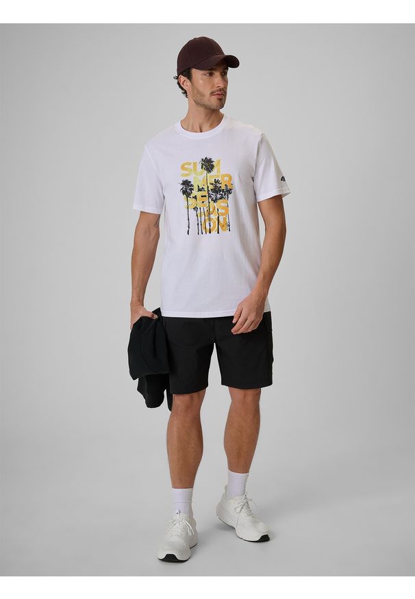 4f - 4F T-shirt regular z nadrukiem męski - biały M. Okazja: na co dzień. Kolor: biały. Materiał: jeans, dresówka, bawełna, dzianina. Wzór: nadruk. Styl: casual, klasyczny