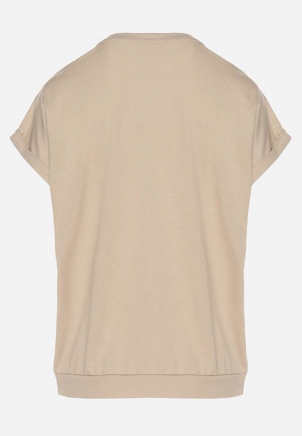 Born2be - Beżowy T-shirt z Bawełny z Trójkątnym Dekoltem Lireande. Okazja: na co dzień. Kolor: beżowy. Materiał: bawełna. Styl: casual