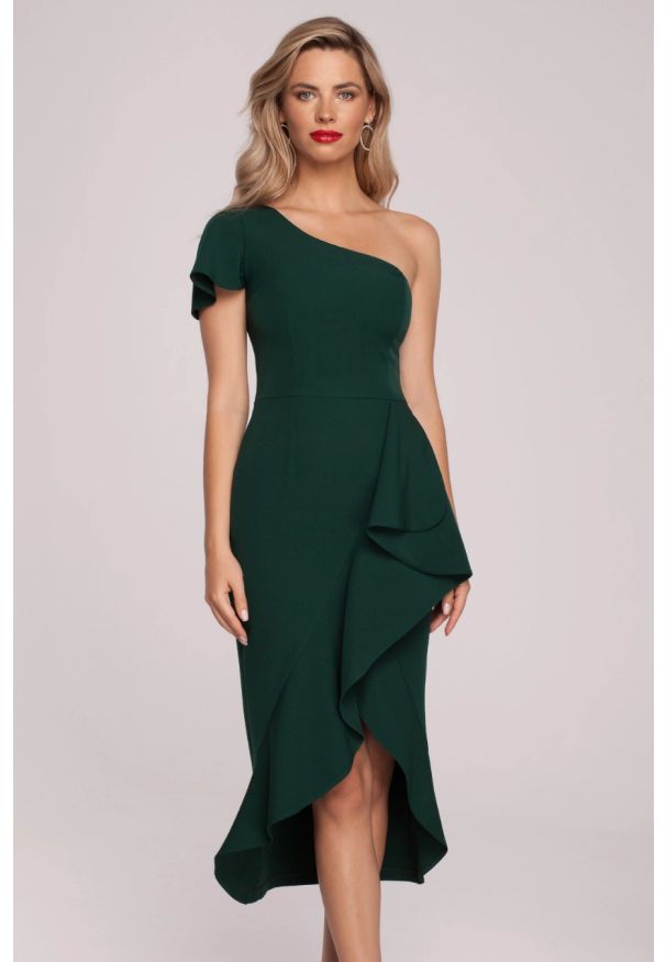 Sukienki.shop - Wieczorowa sukienka na jedno ramię z falbaną zielona. Okazja: na ślub cywilny, na wesele, na imprezę. Kolor: zielony. Styl: wizytowy