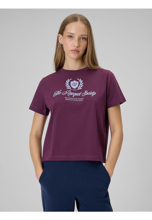 4f - 4F T-shirt boxy z nadrukiem damski - fioletowy S. Okazja: na co dzień. Kolor: fioletowy. Materiał: materiał, bawełna, dzianina. Wzór: nadruk. Styl: casual