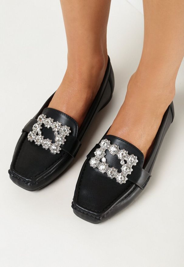 Born2be - Czarne Mokasyny z Kryształkami i Kwadratowym Noskiem Hininea. Kolor: czarny. Styl: elegancki