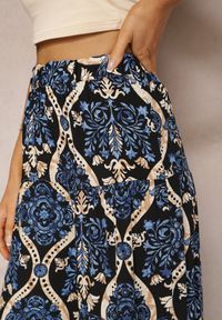 Renee - Czarno-Niebieskie Spodnie z Wiskozy z Szerokimi Nogawkami High Waist Wykończone Gumką w Talii Risettasmi. Stan: podwyższony. Kolor: czarny. Materiał: wiskoza. Sezon: lato