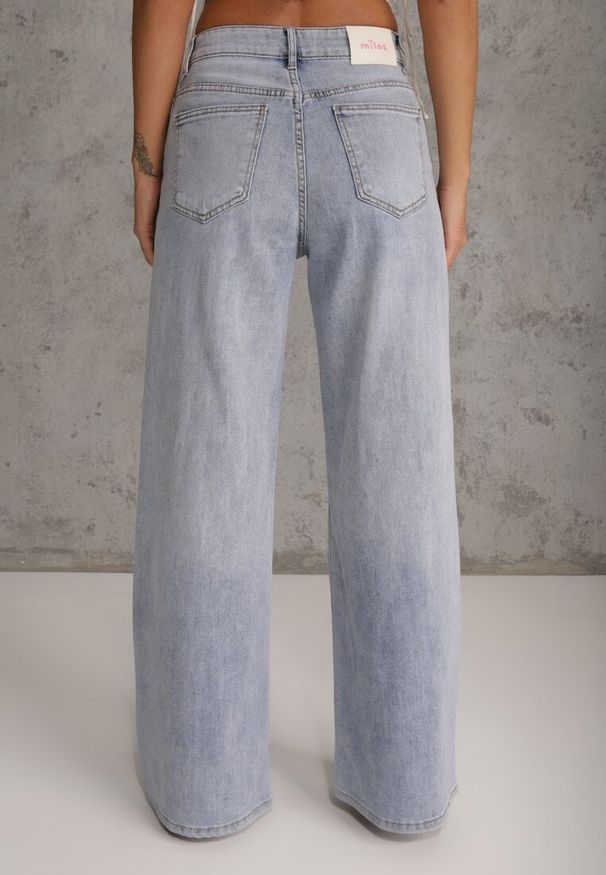 Renee - Niebieskie Jeansy Szerokie w Stylu Boho z Ozdobnym Nadrukiem na Nogawkach Endippe. Kolor: niebieski. Wzór: nadruk. Styl: boho