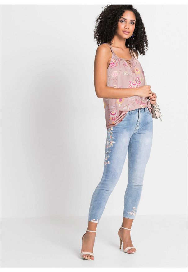 bonprix - Top na cienkich ramiączkach. Kolor: różowy. Materiał: koronka. Długość rękawa: na ramiączkach. Wzór: aplikacja, koronka, kwiaty