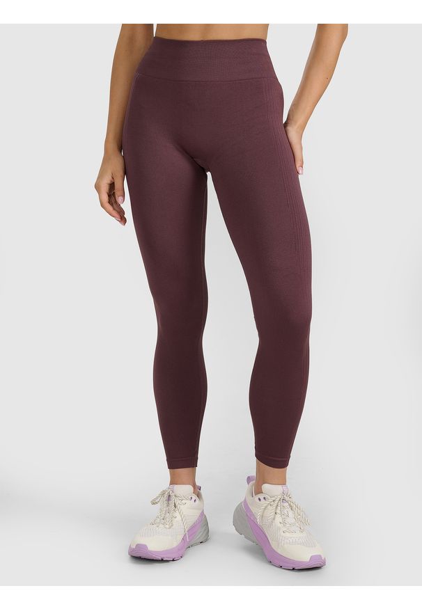 4f - 4F Legginsy treningowe bezszwowe damskie - brązowe XS/S. Stan: podwyższony. Kolor: brązowy. Materiał: dzianina, materiał, syntetyk, włókno, elastan. Wzór: gładki, ze splotem. Sport: fitness