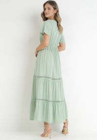 Born2be - Miętowa Sukienka Maxi z Gumką w Pasie i Koronkowymi Wstawkami Anandia. Kolor: miętowy. Materiał: koronka. Wzór: aplikacja. Długość: maxi #4