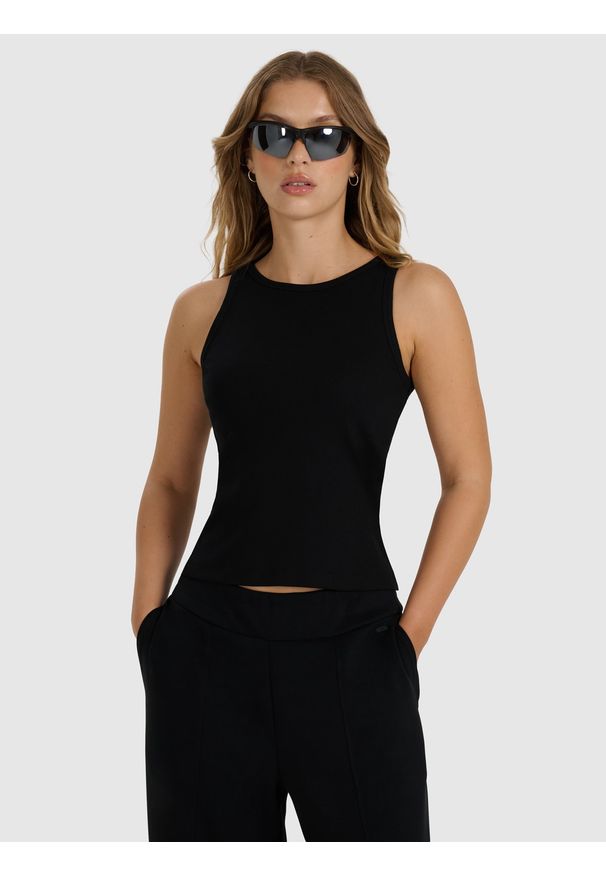 4f - 4F Top slim gładki damski - czarny L. Kolor: czarny. Materiał: materiał, bawełna, jersey, dzianina, elastan. Wzór: gładki