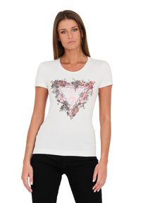 Guess - GUESS Biały damski t-shirt bawełniany z logo, Rozmiar XS. Kolor: biały. Materiał: bawełna. Wzór: nadruk #5