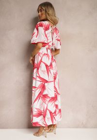 Renee - Różowo-Biała Kopertowa Sukienka Wiązana na Plecach z Gumką w Talii Jeteri. Kolor: różowy. Materiał: tkanina. Sezon: lato. Typ sukienki: kopertowe #5