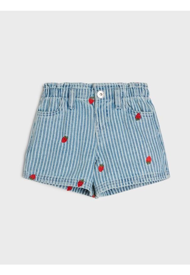 Sinsay - Szorty jeansowe z haftowanymi truskawkami - niebieski. Kolor: niebieski. Materiał: jeans. Wzór: haft