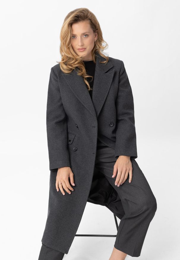 Volcano - Długi płaszcz dwurzędowy J-MIKELA. Kolor: szary. Materiał: wełna, tkanina, materiał. Długość: długie. Wzór: melanż. Sezon: zima, jesień. Styl: elegancki, klasyczny