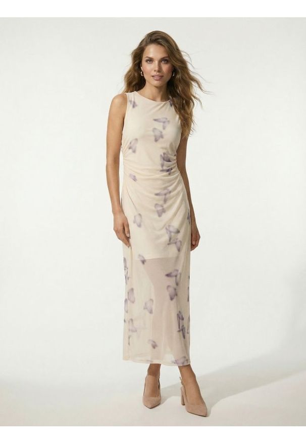 Sinsay - Dopasowana sukienka midi z rozcięciem i marszczeniami - wielobarwny. Długość: midi