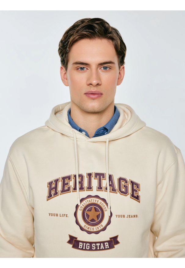 Big-Star - Bluza męska z kapturem kremowa Salomon 103. Okazja: na co dzień. Typ kołnierza: kaptur. Kolor: kremowy. Materiał: dzianina. Długość rękawa: długi rękaw. Długość: długie. Wzór: nadruk. Styl: casual