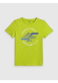 4f - 4F T-shirt loose z nadrukiem chłopięcy - zielony 152 (11-12 lat). Okazja: na co dzień, na uczelnię. Kolor: zielony. Materiał: dzianina, materiał, dresówka, bawełna, skóra. Wzór: nadruk. Sezon: lato. Styl: casual #1