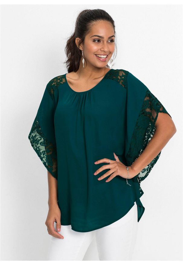 bonprix - Bluzka. Kolor: zielony. Materiał: poliester, koronka