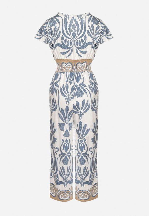 Born2be - Niebieski Taliowany Kombinezon z Wiskozy w Print Boho z Kopertowym Dekoltem Nelazi. Okazja: na co dzień. Kolor: niebieski. Materiał: wiskoza. Długość rękawa: krótki rękaw. Długość: krótkie. Wzór: nadruk. Sezon: lato. Styl: boho
