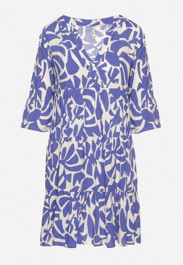 Born2be - Niebieska Wiskozowa Rozkloszowana Sukienka z Abstrakcyjnym Wzorem Liracalia. Okazja: na co dzień. Kolor: niebieski. Materiał: wiskoza. Styl: elegancki, casual