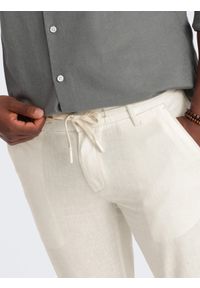 Ombre Clothing - Podwijane męskie spodnie chino z dodatkiem lnu – kremowe V2 OM-PACP-0198 - XL. Okazja: na co dzień. Kolor: kremowy. Materiał: len. Sezon: lato. Styl: casual #5