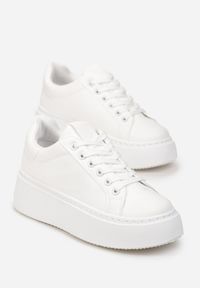 Born2be - Białe Sneakersy na Platformie Rilame. Nosek buta: okrągły. Zapięcie: sznurówki. Kolor: biały. Materiał: materiał. Obcas: na platformie. Wysokość obcasa: niski #4
