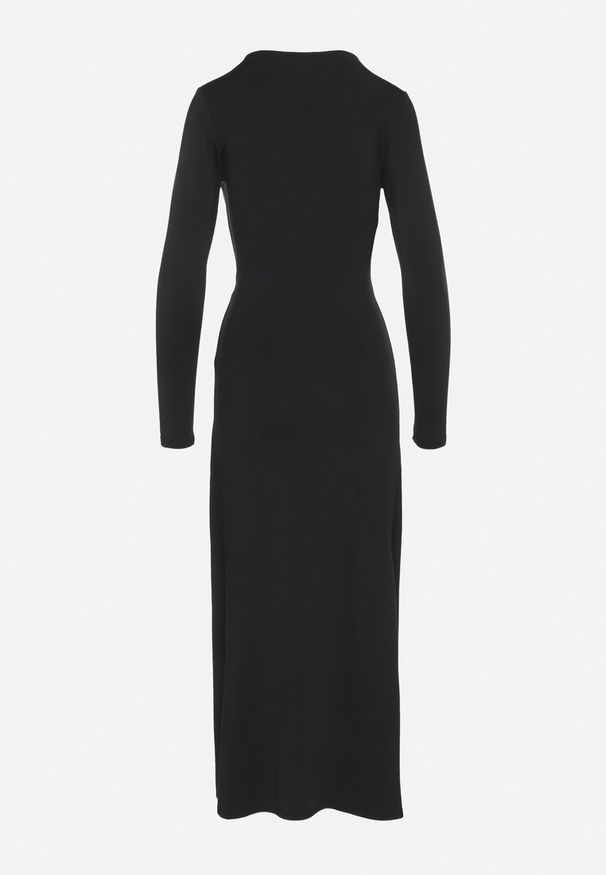 Born2be - Czarna Sukienka z Efektownym Marszczeniem i Rozcięciem z Wiskozą Kliheria. Okazja: na co dzień. Kolor: czarny. Materiał: wiskoza. Długość rękawa: długi rękaw. Styl: casual, klasyczny, elegancki