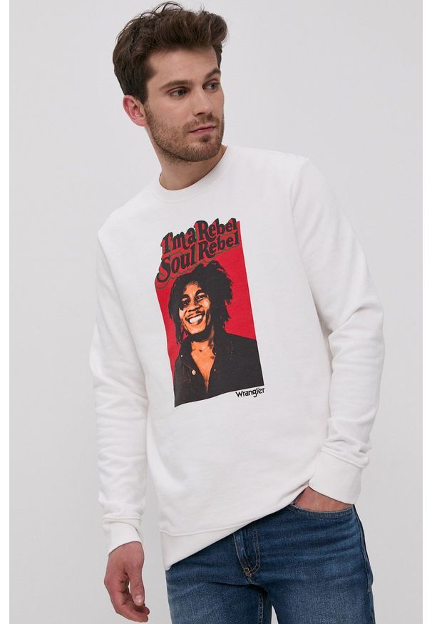 Wrangler Bluza bawełniana x Bob Marley męska kolor biały z nadrukiem. Okazja: na co dzień. Kolor: biały. Materiał: bawełna. Wzór: nadruk. Styl: casual