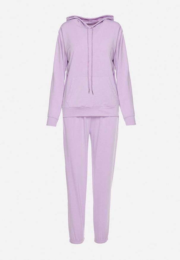 Born2be - Fioletowy Komplet Dresowy Bluza Kangurka z Kapturem i Spodnie Joggery Triasa. Kolor: fioletowy. Materiał: dresówka