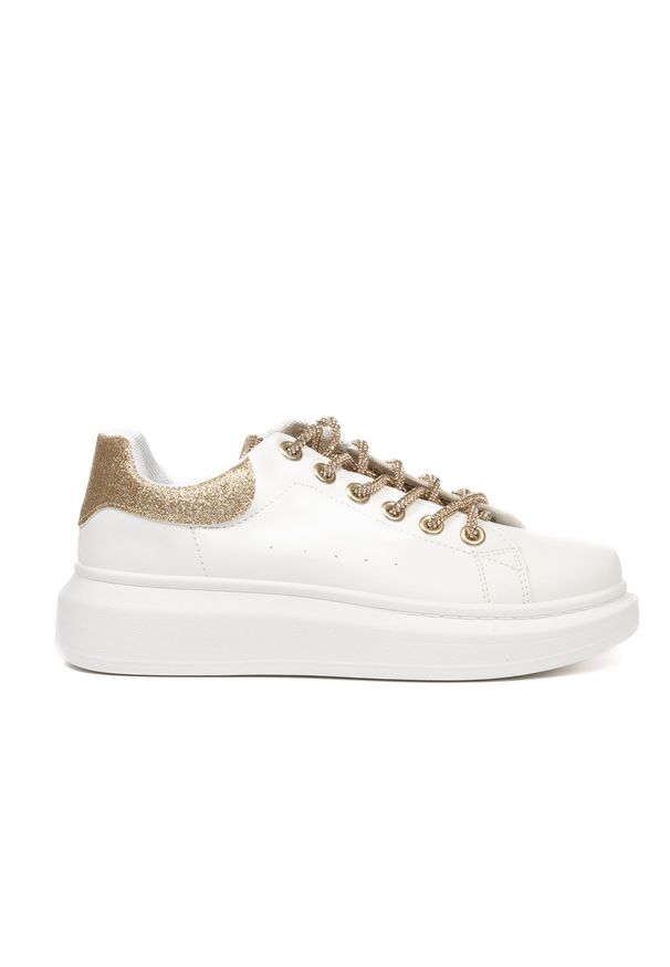 Inna - Sneakersy na platformie brokatowe z ozdobami białe złote 857-28-37. Kolor: biały, wielokolorowy, złoty. Materiał: skóra ekologiczna. Wzór: aplikacja. Obcas: na platformie