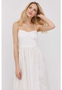 TwinSet - Twinset sukienka kolor biały mini rozkloszowana. Kolor: biały. Materiał: tkanina. Długość rękawa: na ramiączkach. Wzór: gładki. Typ sukienki: rozkloszowane. Długość: mini