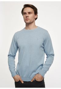 Ochnik - Jasnoniebieski sweter męski z logo. Okazja: na co dzień. Kolor: niebieski. Materiał: bawełna. Długość: długie. Styl: casual