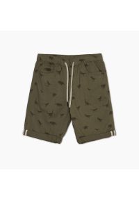 Cropp - Zielone szorty z nadrukiem all over - Khaki. Kolor: brązowy. Materiał: bawełna, tkanina. Wzór: nadruk