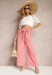 Renee - Różowe Szerokie Spodnie z Materiałowym Paskiem w Typie Paper Bag Lasette. Kolor: różowy. Materiał: materiał