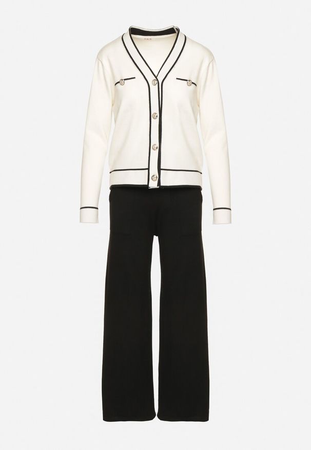 Born2be - Jasnobeżowy Dzianinowy Komplet Szerokie Spodnie i Kardigan z Lamówkami Gioresa. Kolor: beżowy. Materiał: dzianina. Wzór: gładki. Sport: turystyka piesza