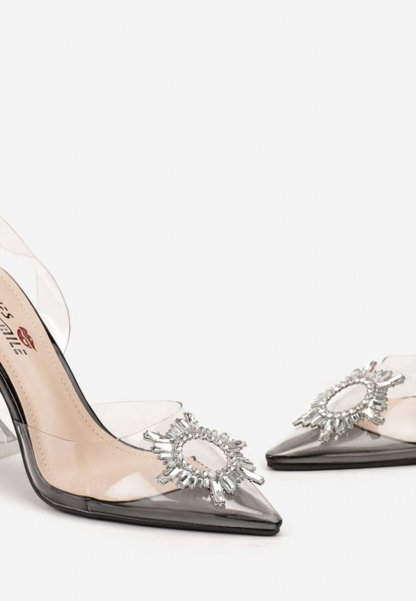 Renee - Czarne Sandały Transparentne z Cyrkoniami i Obcasem w Typie Klepsydry Vlekoria. Kolor: czarny. Obcas: na obcasie. Wysokość obcasa: średni