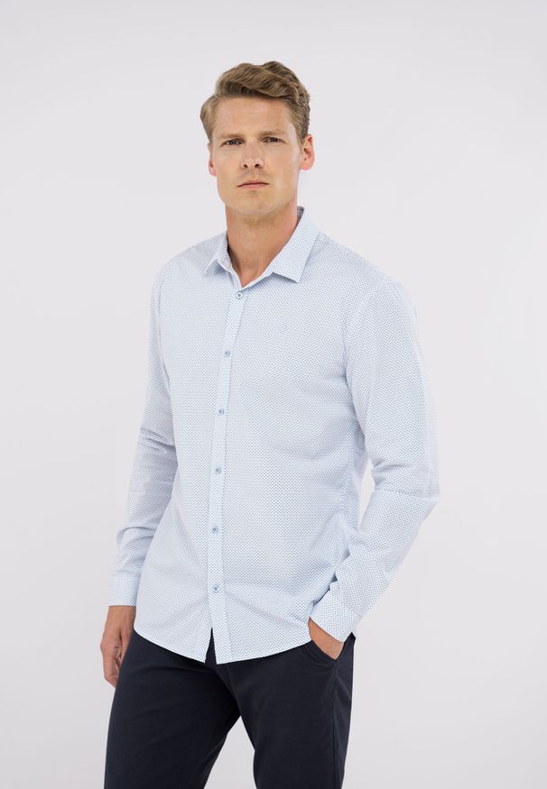 Volcano - Koszula z wzorem, Slim Fit, K-NILTON. Okazja: na co dzień. Materiał: materiał, bawełna, jeans, elastan. Wzór: kolorowy. Styl: klasyczny, casual