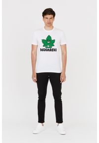 DSQUARED2 Biały t-shirt z zielonym liściem. Kolor: biały. Wzór: nadruk #2