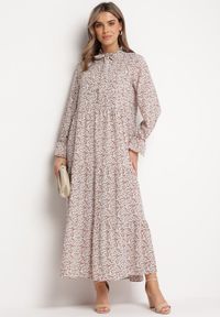 Born2be - Brązowo-Biała Sukienka Elime. Kolor: biały. Wzór: aplikacja, kwiaty. Długość: maxi #2