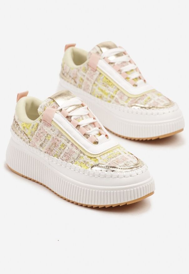 Born2be - Biało-Różowe Sneakersy na Grubej Podeszwie Zdobione Tweedem i Przeszyciami Ulamoriela. Okazja: na co dzień. Kolor: biały. Materiał: jeans. Wzór: aplikacja