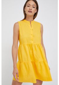 Sisley sukienka lniana kolor żółty mini rozkloszowana. Kolor: żółty. Materiał: len. Typ sukienki: rozkloszowane. Długość: mini #3