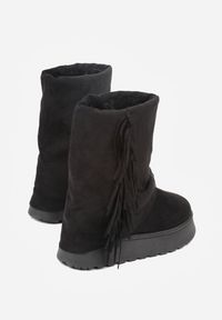 Born2be - Czarne Botki w Stylu Śniegowców z Frędzlami i Cholewką Imitującą Nogawkę Sierafera. Zapięcie: bez zapięcia. Kolor: czarny. Materiał: jeans. Szerokość cholewki: normalna #3