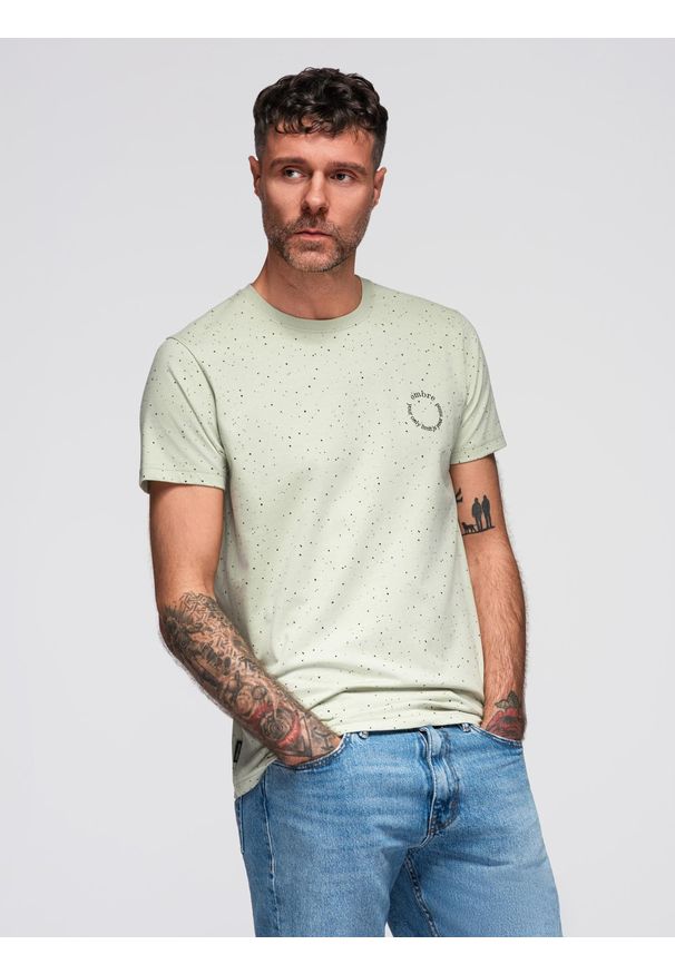 Ombre Clothing - T-shirt męski bawełniany z nadrukiem i okrągłym dekoltem – miętowy V3 - Rozmiar: L. Okazja: na co dzień. Kolor: miętowy. Materiał: bawełna. Długość rękawa: krótki rękaw. Długość: krótkie. Wzór: nadruk. Sezon: wiosna, lato. Styl: casual, elegancki