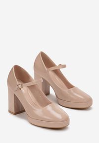 Renee - Beżowe Zapinane Czółenka na Słupku i Niskiej Platformie Bevuma. Nosek buta: okrągły. Zapięcie: sprzączka. Kolor: beżowy. Obcas: na platformie. Wysokość obcasa: średni #3