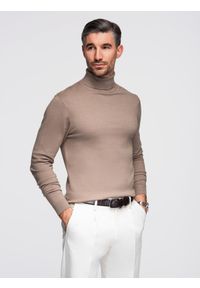 Ombre Clothing - Męski dzianinowy golf z wiskozą – ciemnobeżowy melanż V3. Typ kołnierza: golf. Kolor: beżowy. Materiał: wiskoza, dzianina. Wzór: melanż. Styl: elegancki, klasyczny #1