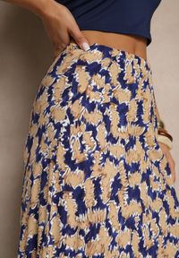 Renee - Granatowo-Beżowa Rozkloszowana Spódnica z Wiskozy High Waist Fevanice. Okazja: na co dzień. Stan: podwyższony. Kolor: niebieski. Materiał: wiskoza. Styl: elegancki, casual #5
