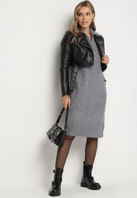 Born2be - Szara Sukienka z Bawełną i Wełną z Kołnierzykiem na Suwak Tereithra. Okazja: na co dzień, na spotkanie biznesowe. Kolor: szary. Materiał: wełna, bawełna. Typ sukienki: proste. Styl: wizytowy, casual, elegancki, biznesowy #4